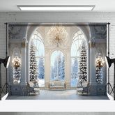 Aperturee - White Snowy Tree Luxury Window Winter Photo Backdrop